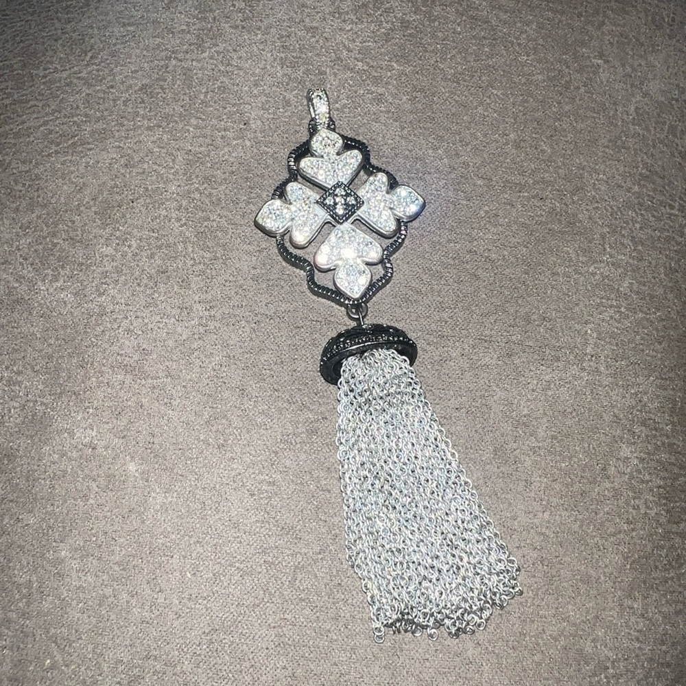 Art Deco Style Silver Tone Pendant  iridescent Rhinestones/ Tassel Charm